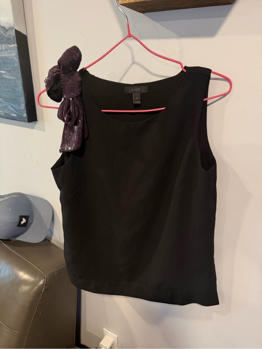 J. Crew Black Sleeveless Top with Purple Bow Accent